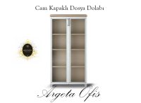 Ofis düzeni için geniş raflı ahşap dosya dolabı.